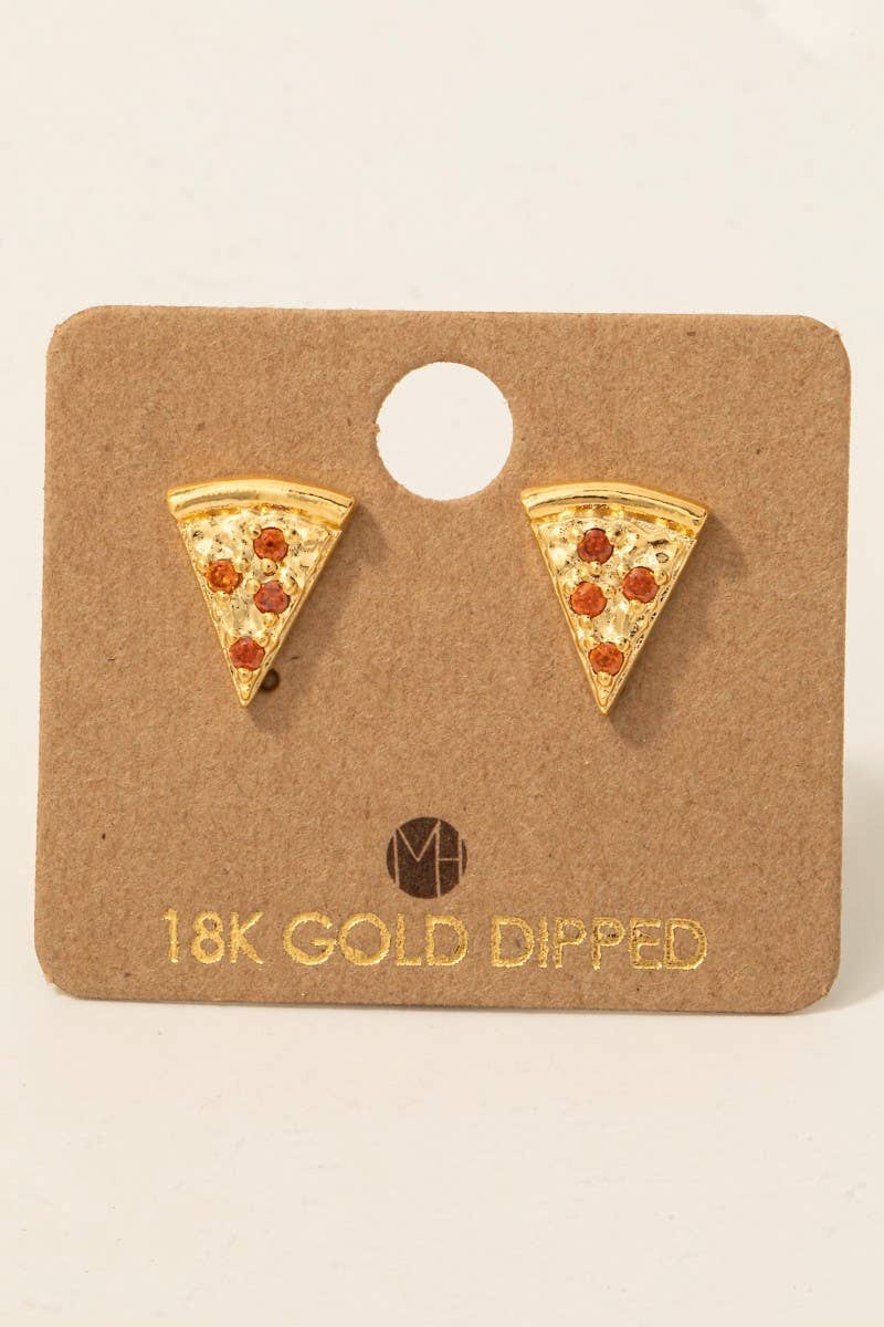 Gold Dipped Cz Pave Pizza Stud Earrings