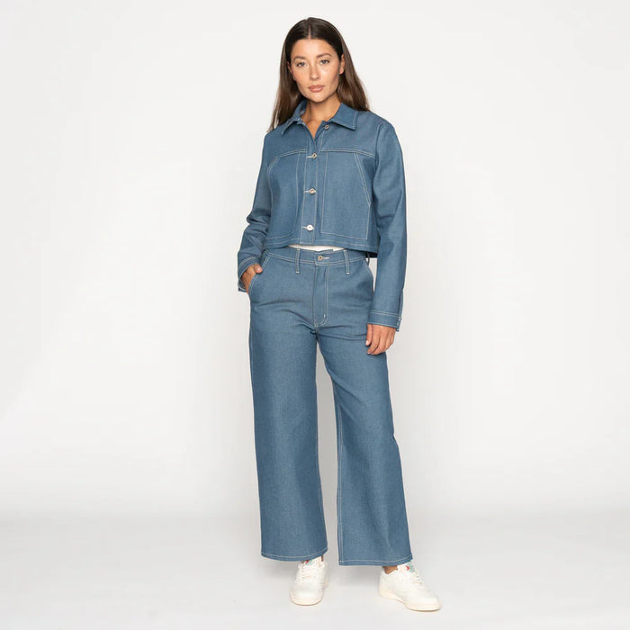 Naked & Famous Cropped Jacket in Antique Blue Stretch Denim