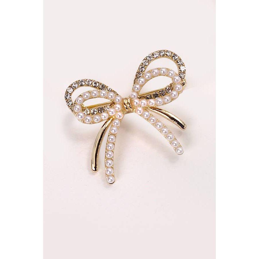 Double Pearl Bow Brooch Gold
