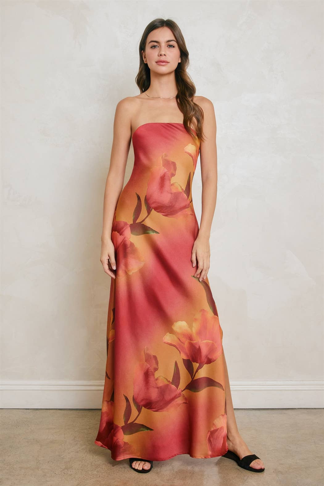 Floral Strapless Bias Cut Maxi Dress: PLUM ROSE / S-M-L(2-2-2)