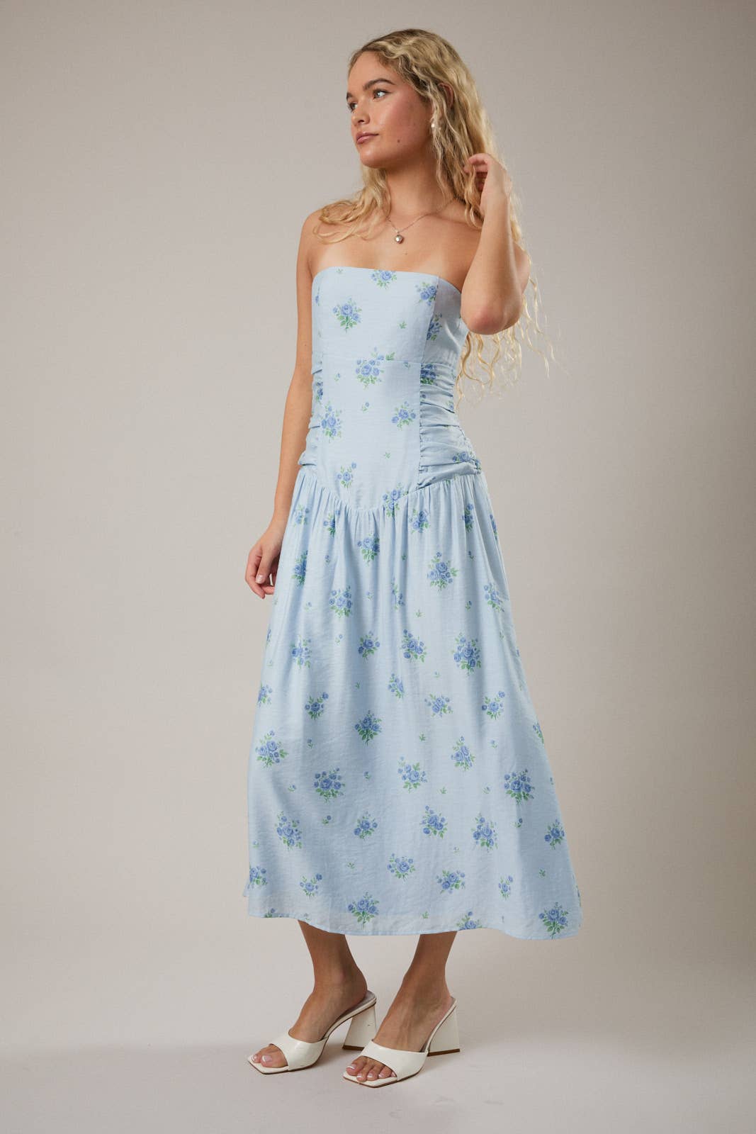 Strapless Ruched Waist Midi Dress