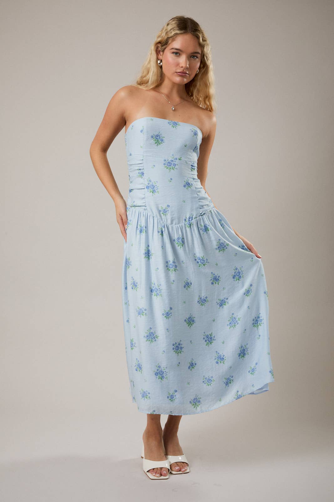 Strapless Ruched Waist Midi Dress