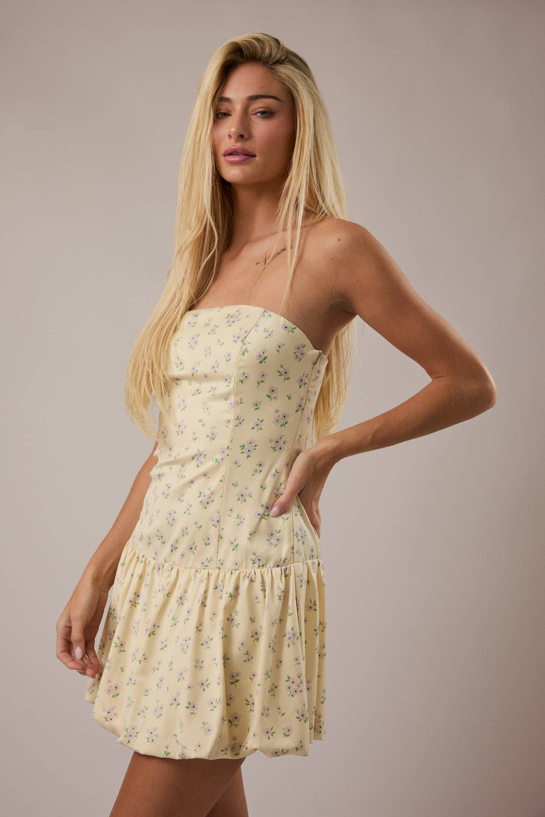 Strapless Mini Dress with Drop Waist Bubble Hem