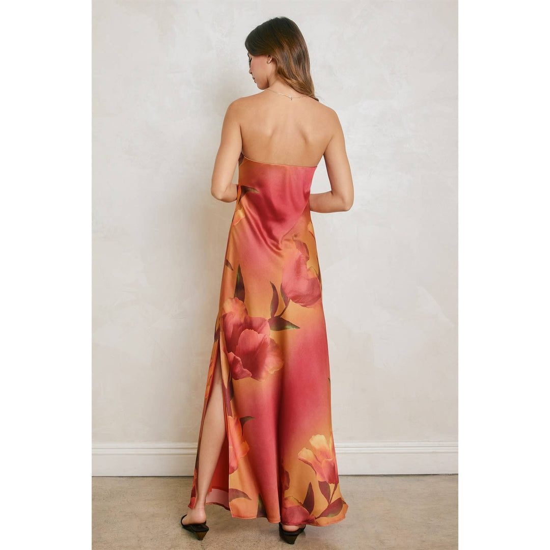 Floral Strapless Bias Cut Maxi Dress: PLUM ROSE / S-M-L(2-2-2)