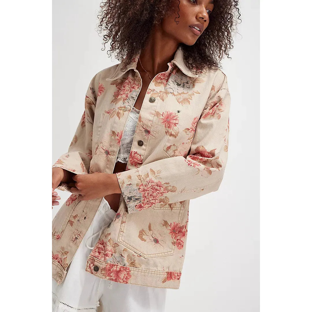Free People Avery Denim Jacket Exploded Floral