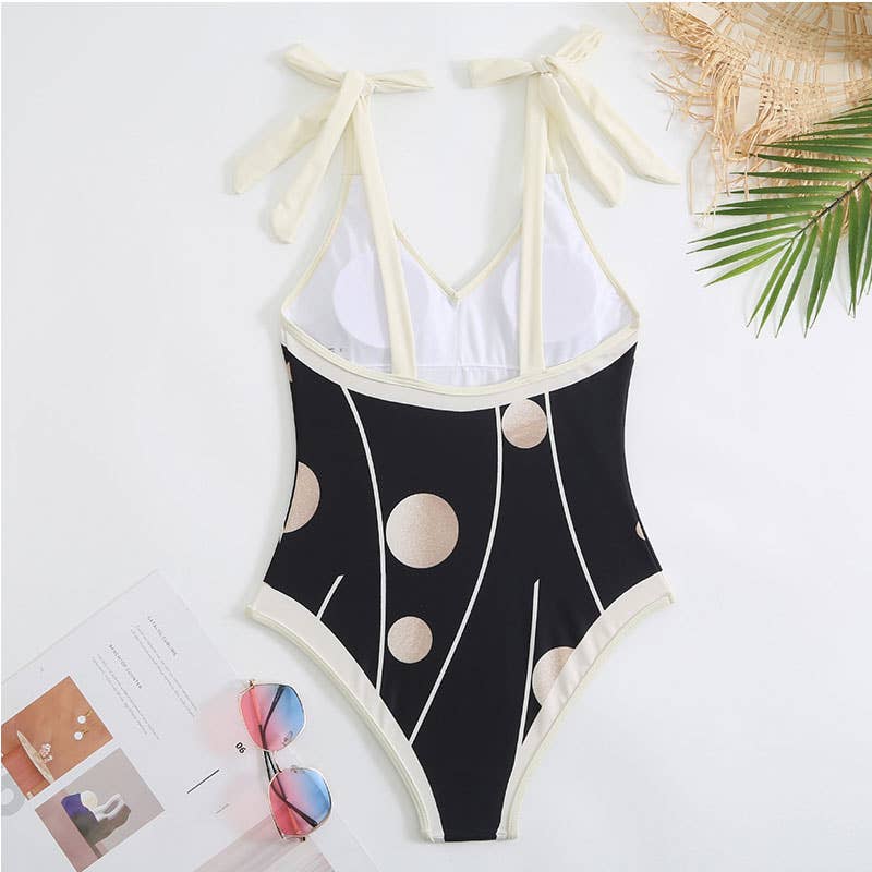 Polka Dot Tie Shoulder One Piece Swimsuit with Sarong Wrap