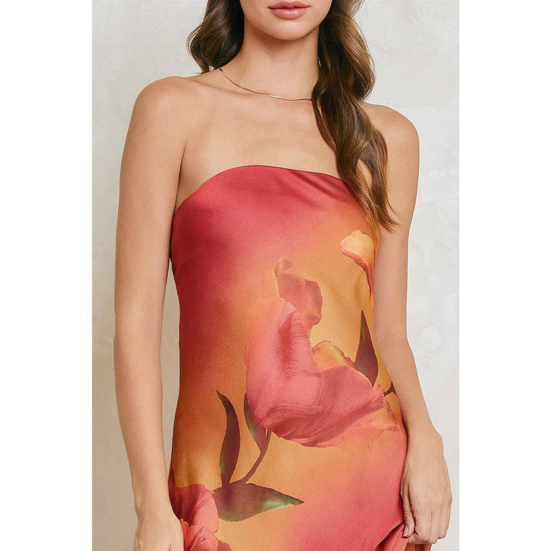 Floral Strapless Bias Cut Maxi Dress: PLUM ROSE / S-M-L(2-2-2)