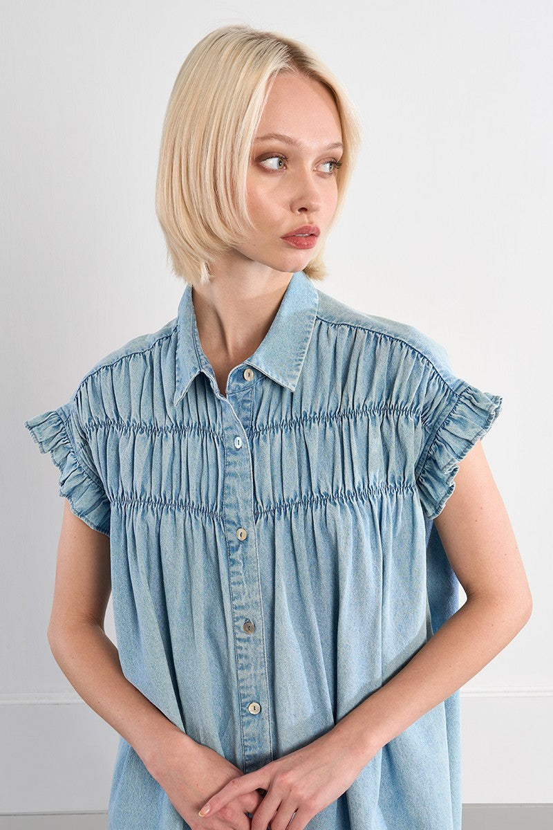 Molly Bracken Cotton Smocked Denim Dress