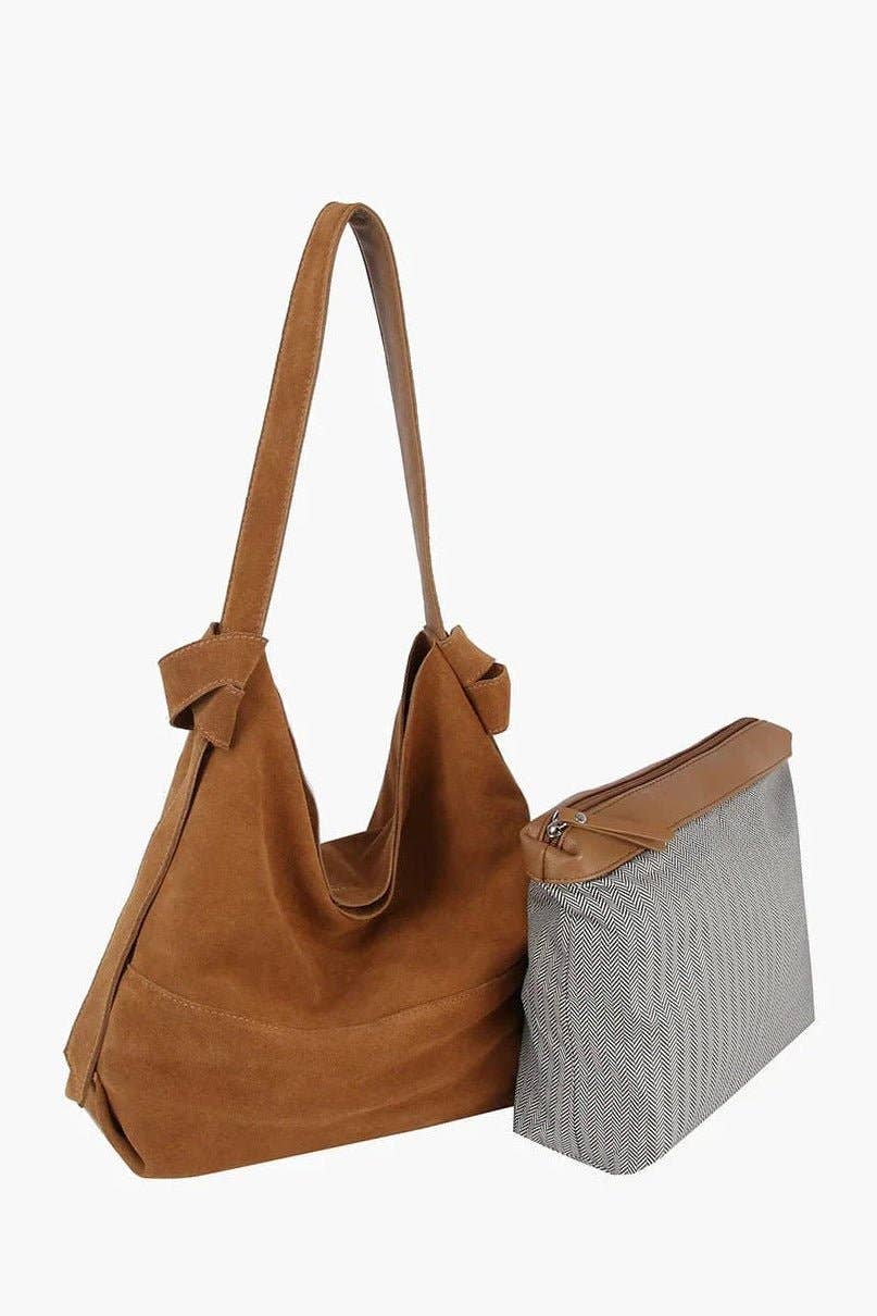 CJF116 Real Genuine Suede 2 in 1 Hobo Bag With Pouch: Coffee