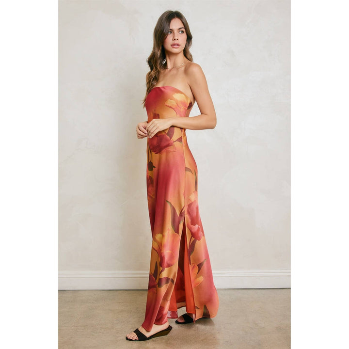 Floral Strapless Bias Cut Maxi Dress: PLUM ROSE / S-M-L(2-2-2)