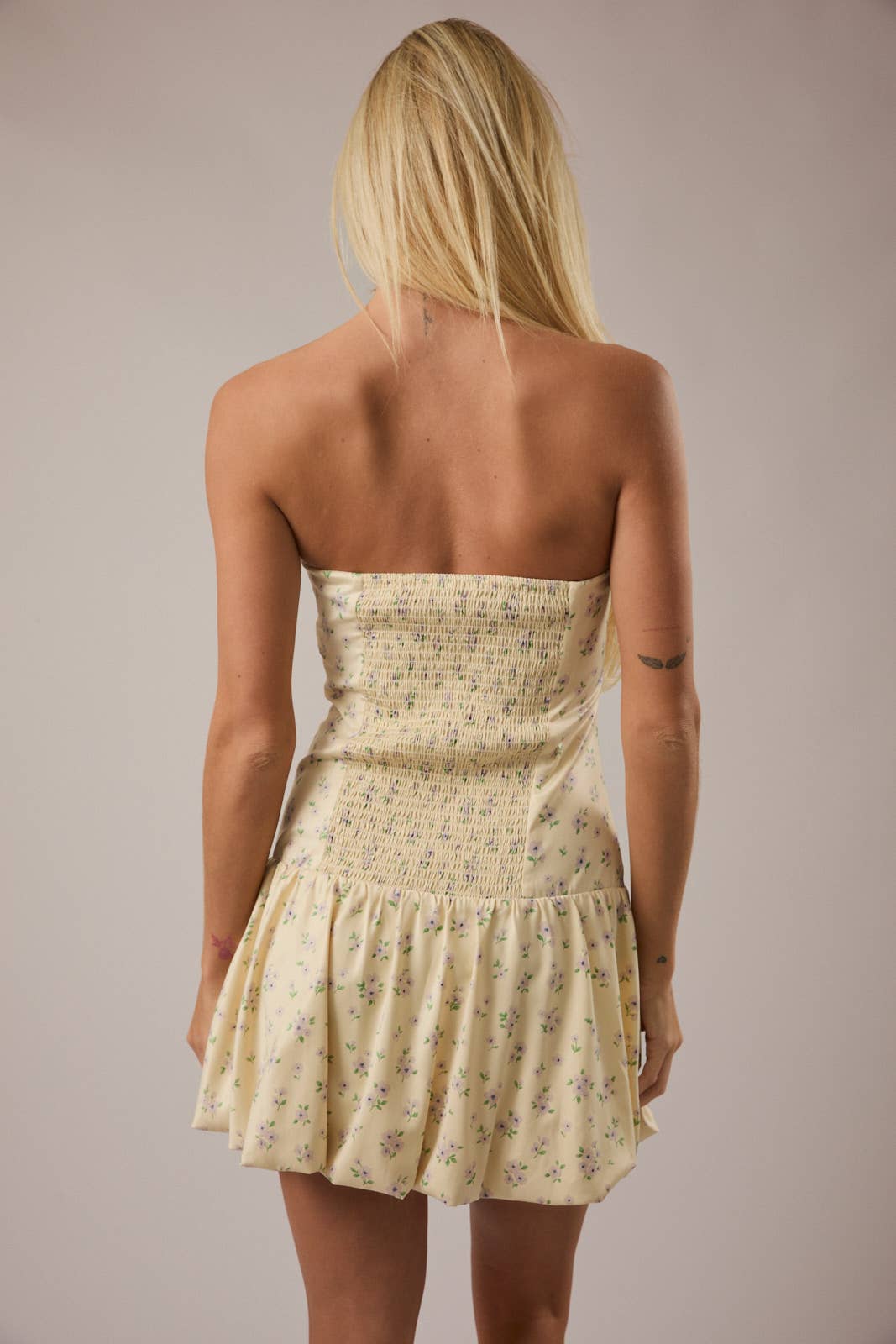Strapless Mini Dress with Drop Waist Bubble Hem