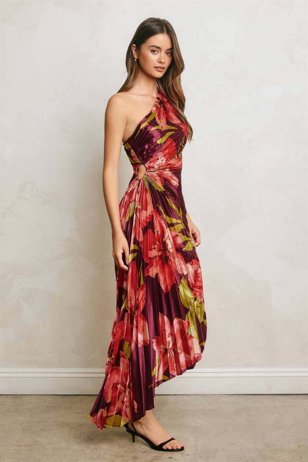 Hibiscus Plum One Shoulder Asymmetrical Pleated Dress