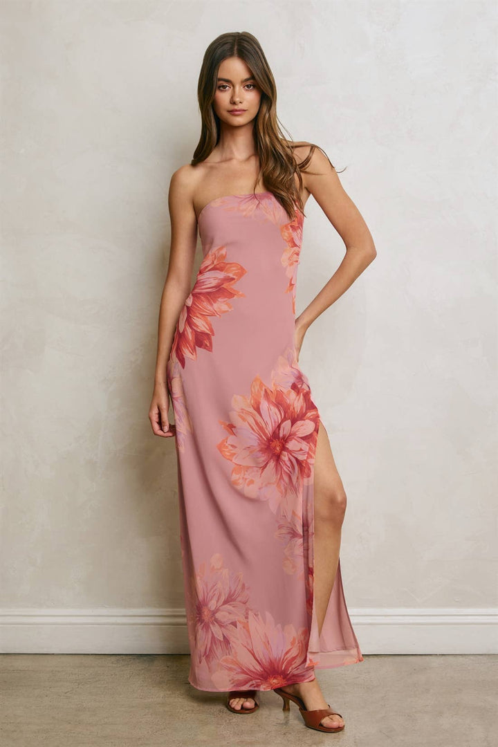 Petals &amp; Sun Strapless Tie Back Maxi Dress