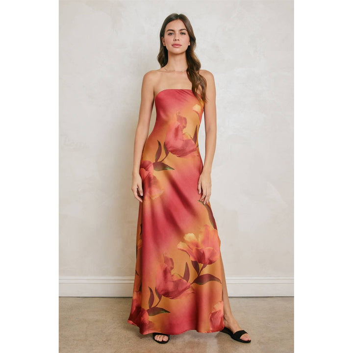 Floral Strapless Bias Cut Maxi Dress: PLUM ROSE / S-M-L(2-2-2)