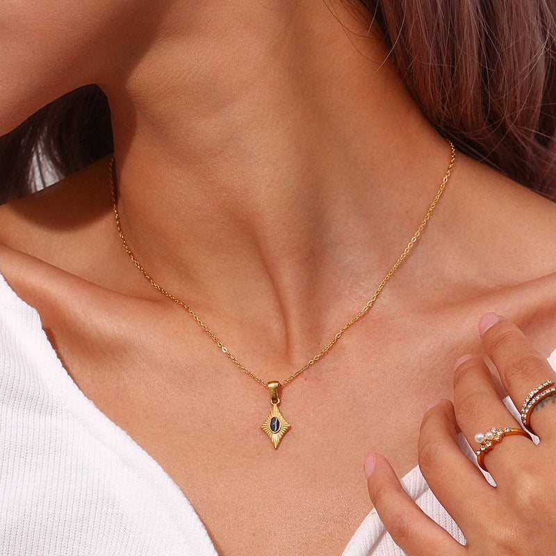 Simple Rhombus Cat's Eye Stone Pendant Neckalces DPJN2904: Black