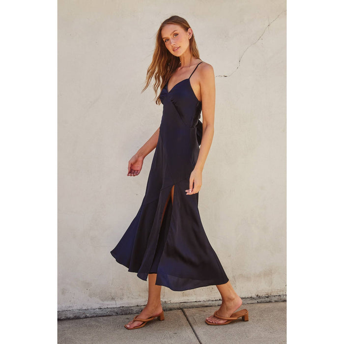 Satin Tie-Back Slit Midi Dress