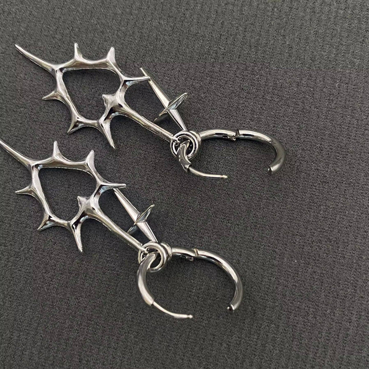 Gothic Silver Tone Thorns Hollow Heart Huggie Earrings