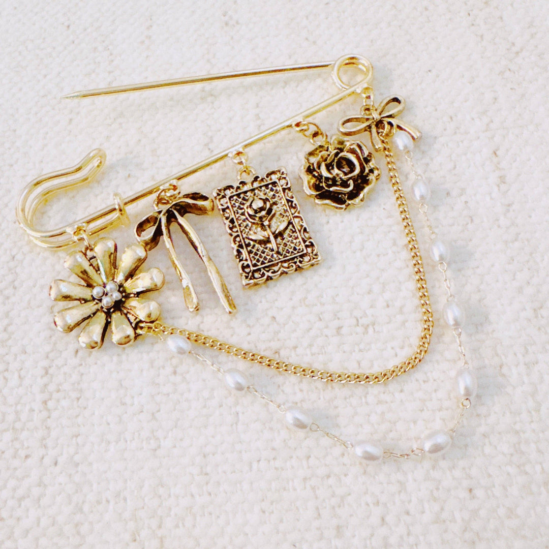 Brooch Safety Pin with Charms and Pearl Chains