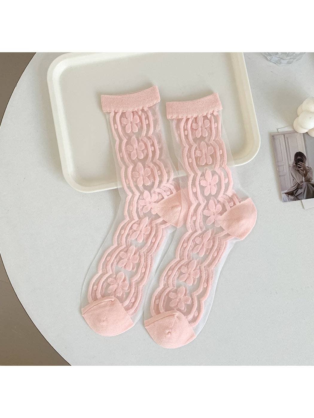Floral Textured Sheer Crew Socks