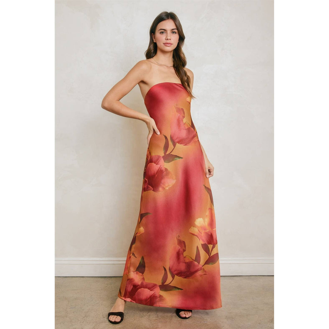 Floral Strapless Bias Cut Maxi Dress: PLUM ROSE / S-M-L(2-2-2)