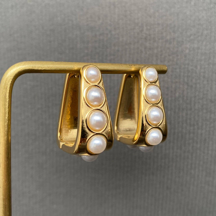 Pearl Inlaid 18K Gold Plated Huggie Earrings