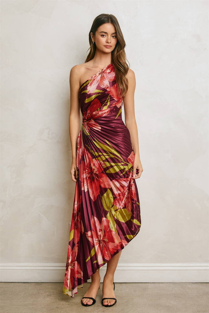 Hibiscus Plum One Shoulder Asymmetrical Pleated Dress
