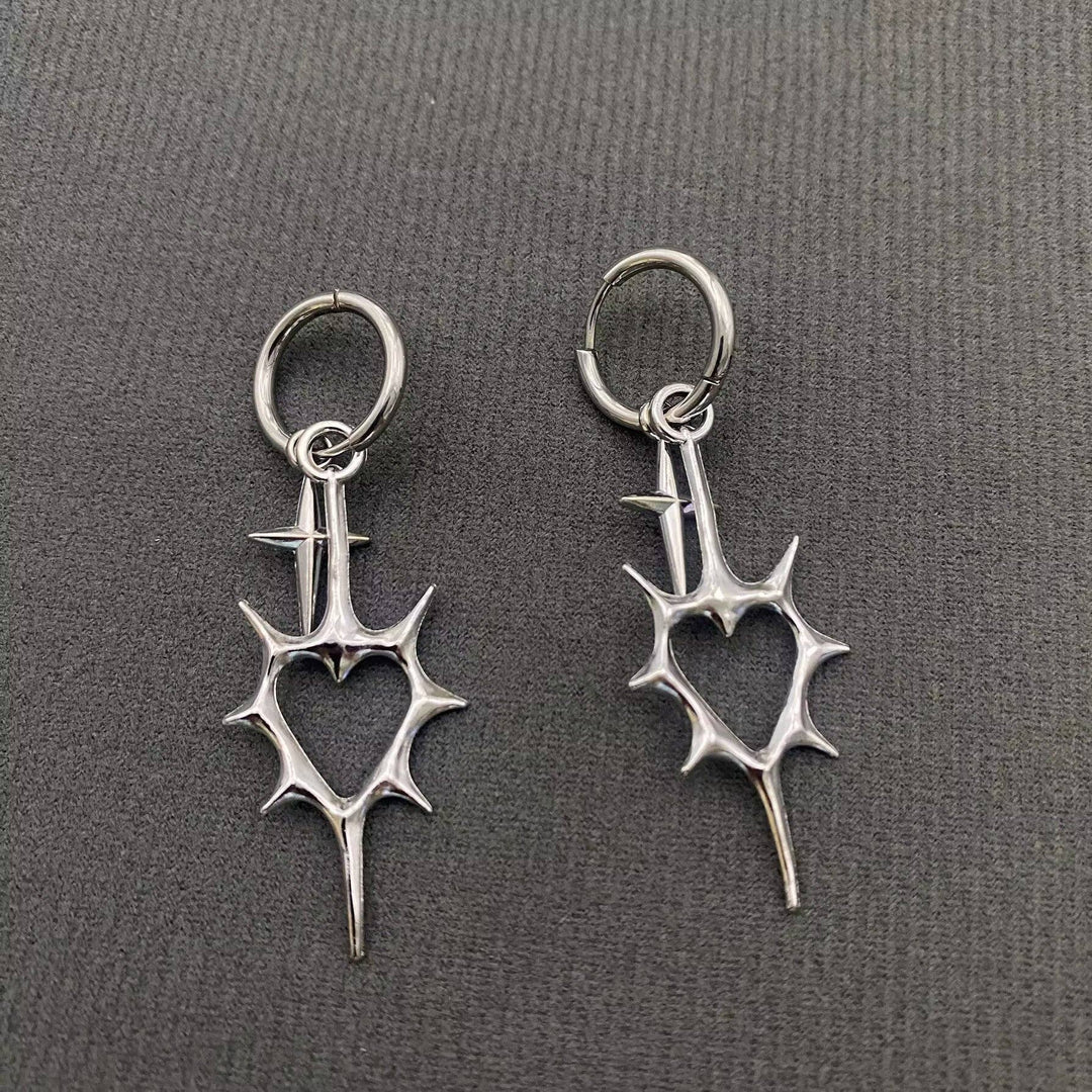 Gothic Silver Tone Thorns Hollow Heart Huggie Earrings