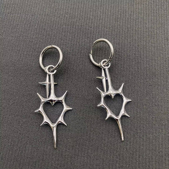 Gothic Silver Tone Thorns Hollow Heart Huggie Earrings