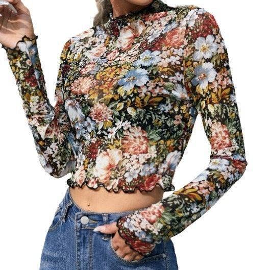 Ladies Floral Print Mesh Crop Top
