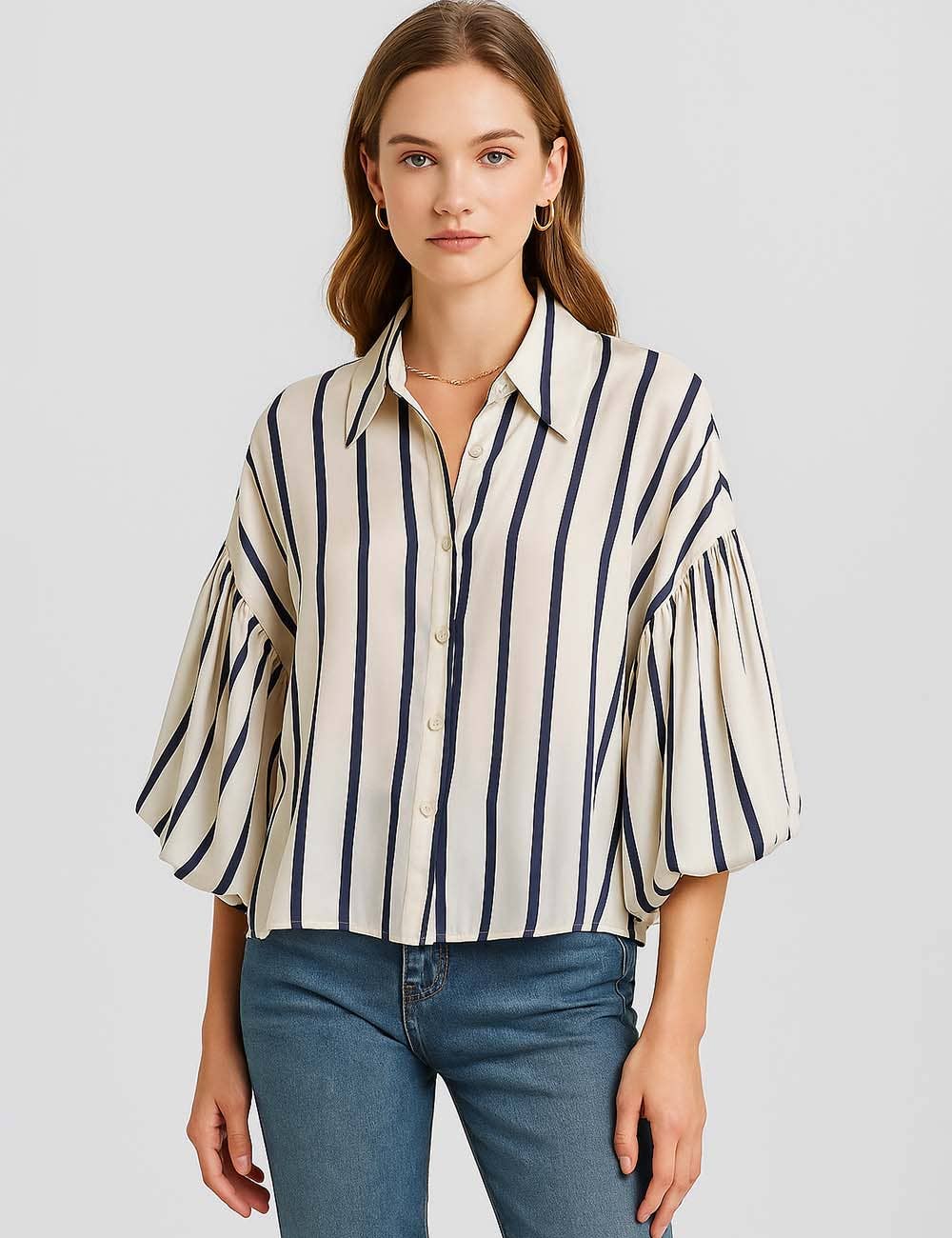 Striped Puff Sleeves Button Shirt