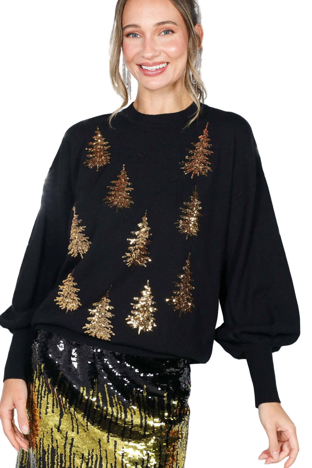 Vine and Love Sparkling Gold Tree Sequin Knitted Christmas Sweater