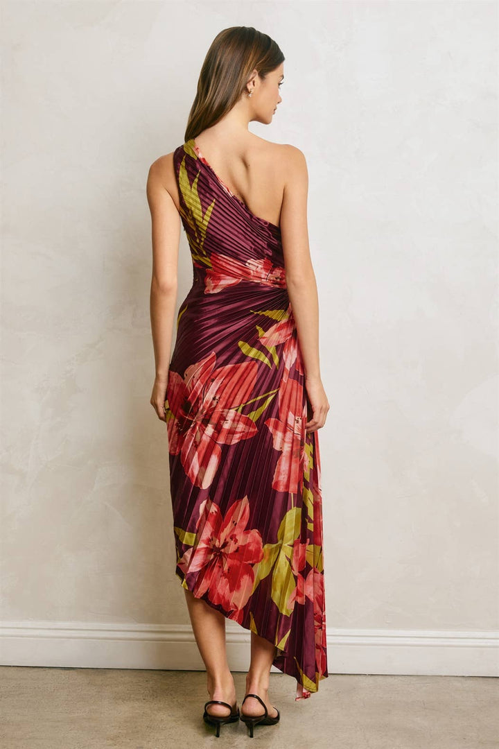 Hibiscus Plum One Shoulder Asymmetrical Pleated Dress