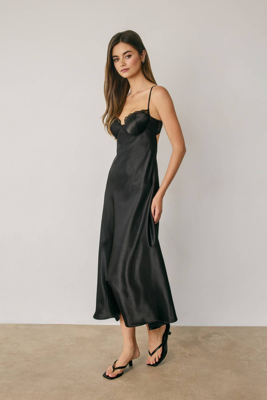 Satin Lace Trim Slip Midi Dress