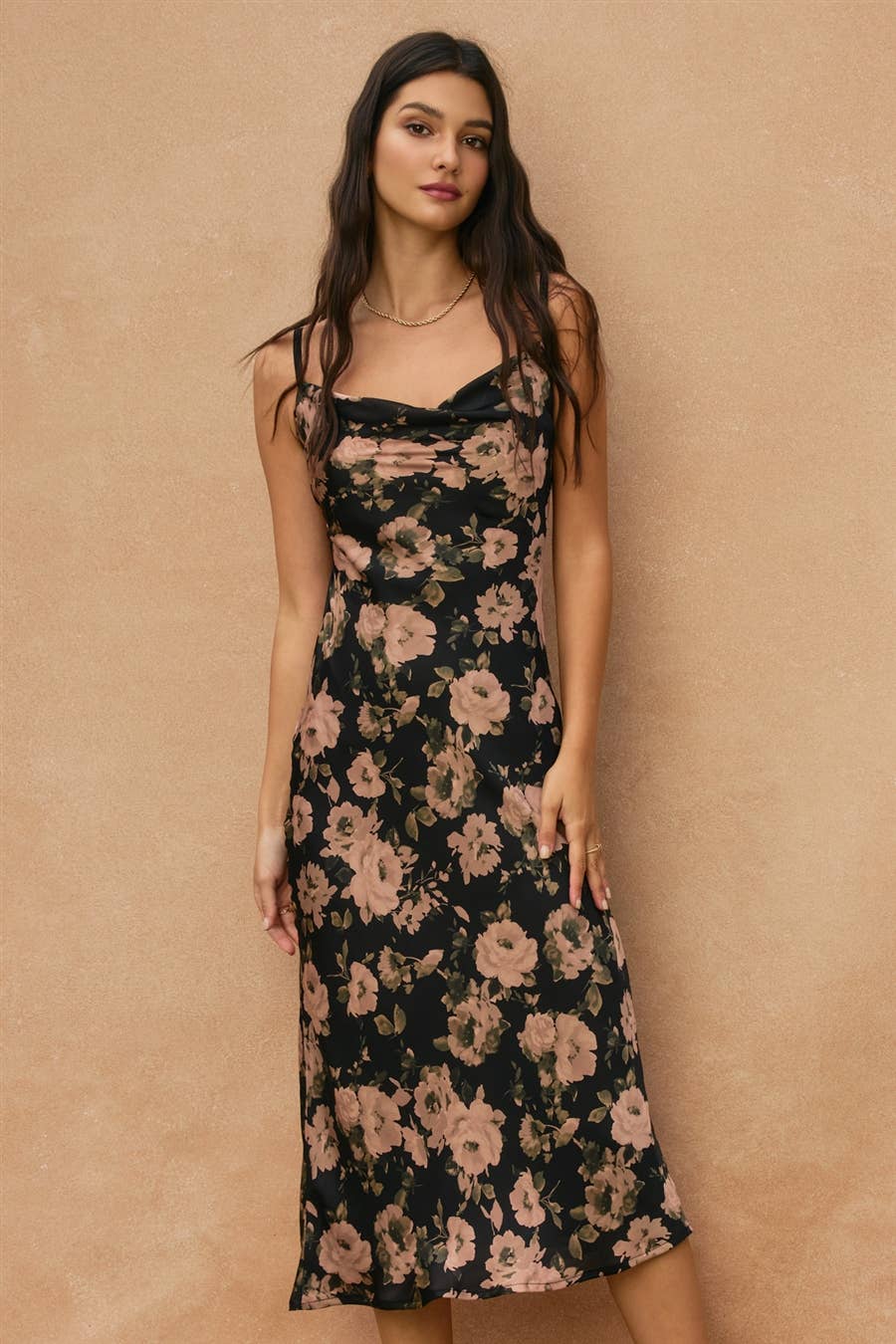 Floral Cowl Neck X Back Midi Dress