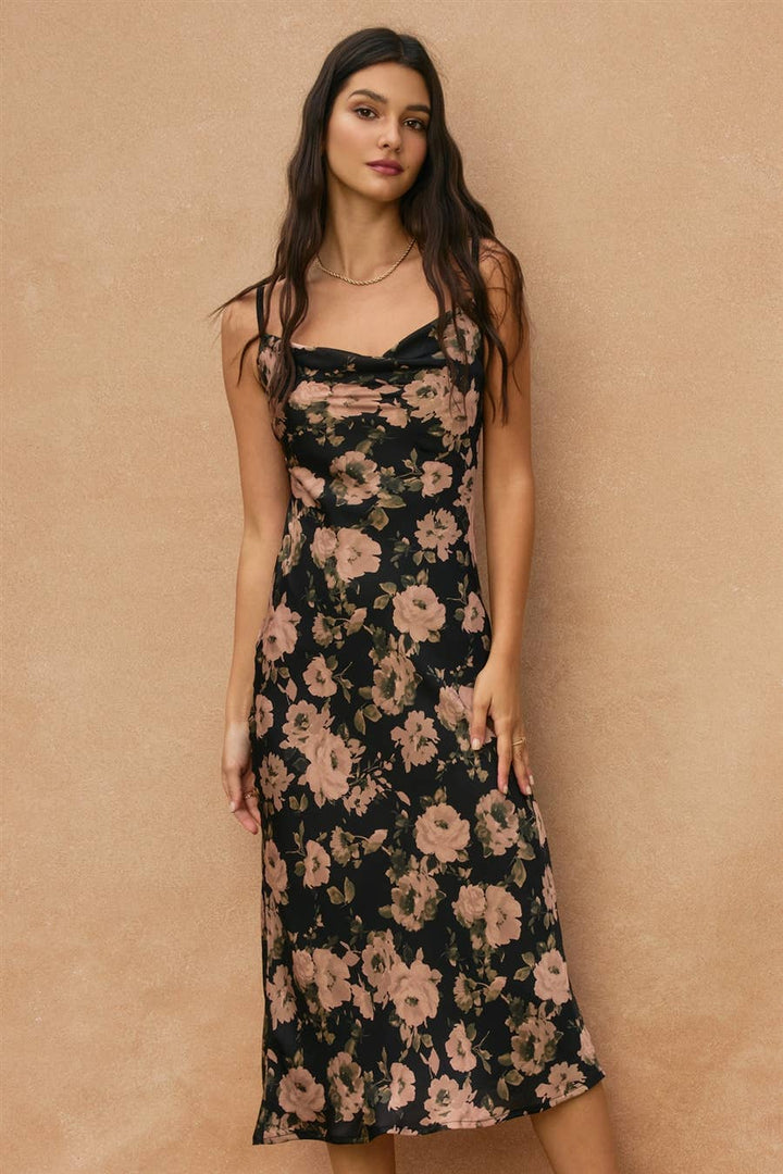 Floral Cowl Neck X Back Midi Dress