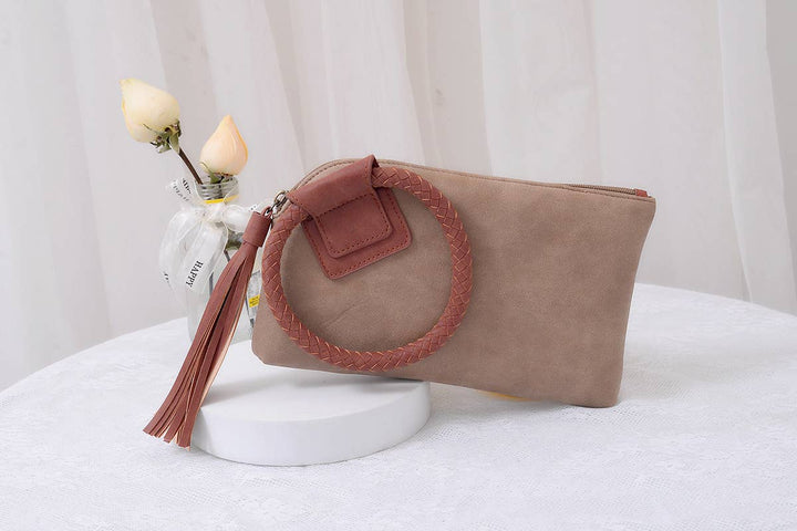 BP204 Fashion Cuff Handle Tassel Wristlet Clutch: Stone