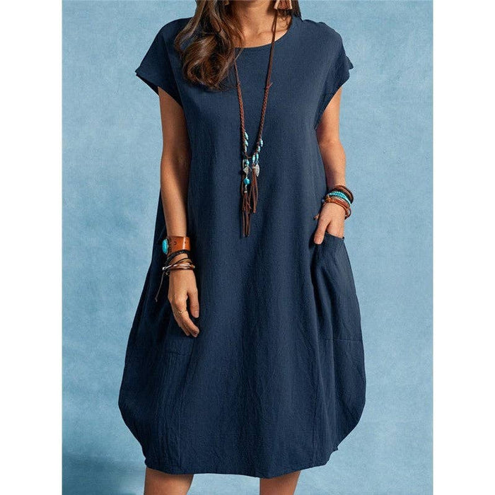 Loose Casual Summer Solid Color Dress: DARK BLUE / M