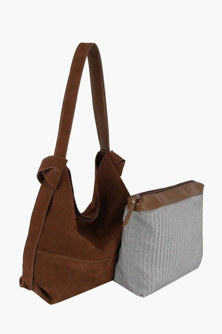 CJF116 Real Genuine Suede 2 in 1 Hobo Bag With Pouch: Coffee