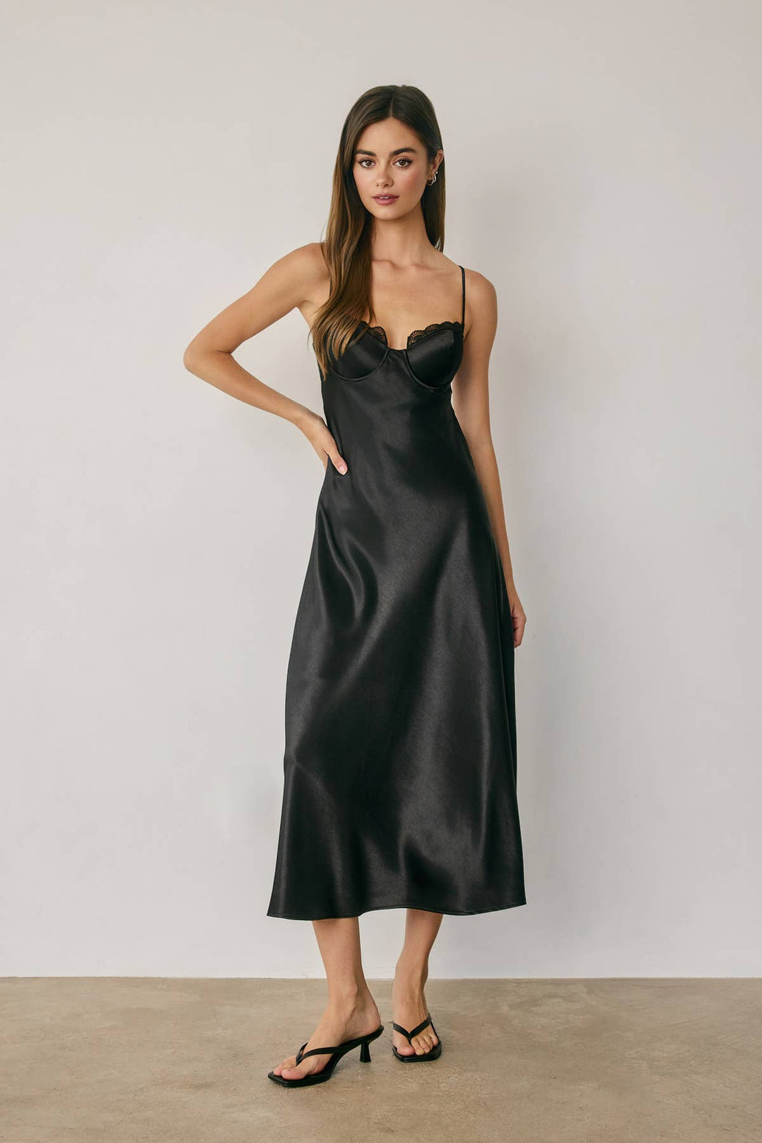 Satin Lace Trim Slip Midi Dress