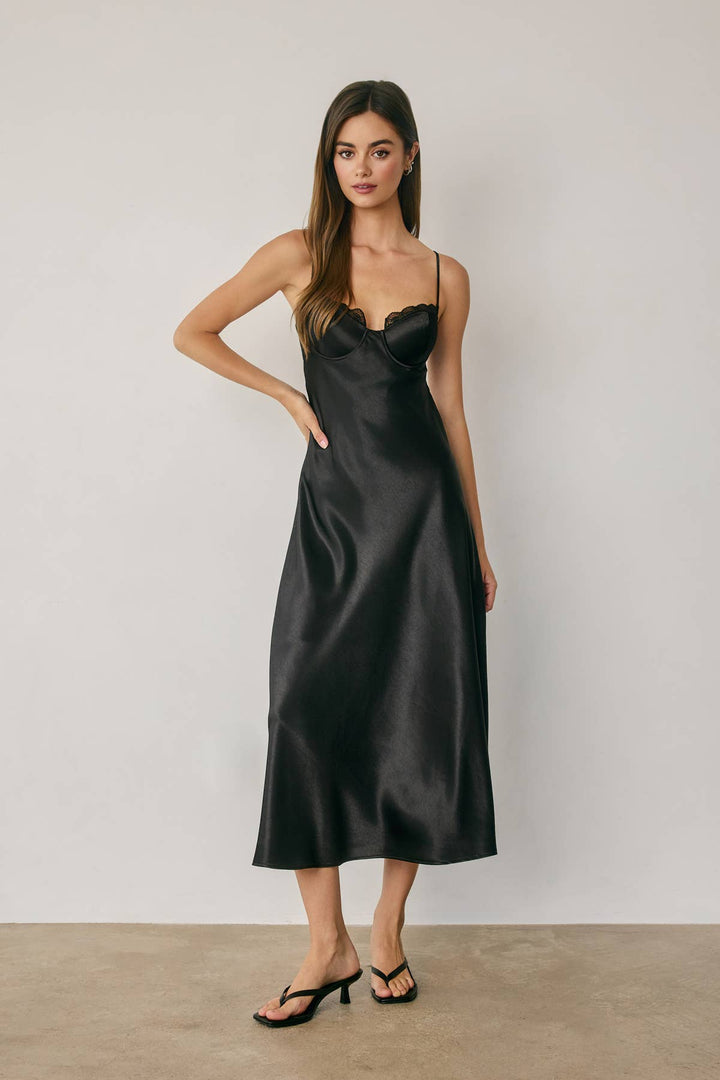 Satin Lace Trim Slip Midi Dress