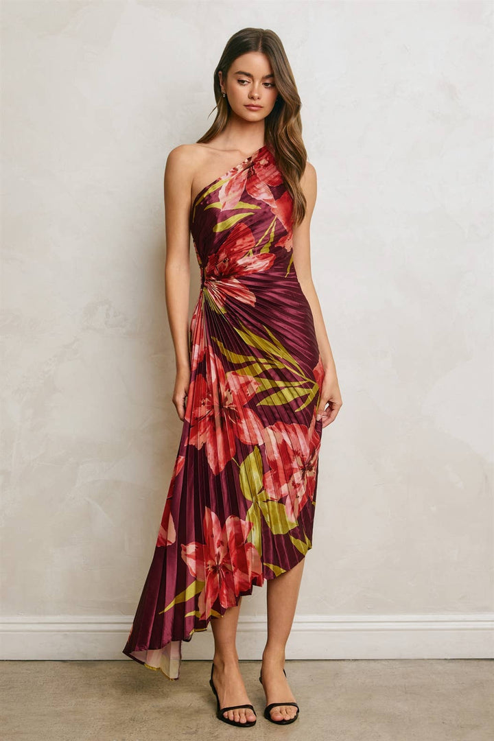 Hibiscus Plum One Shoulder Asymmetrical Pleated Dress