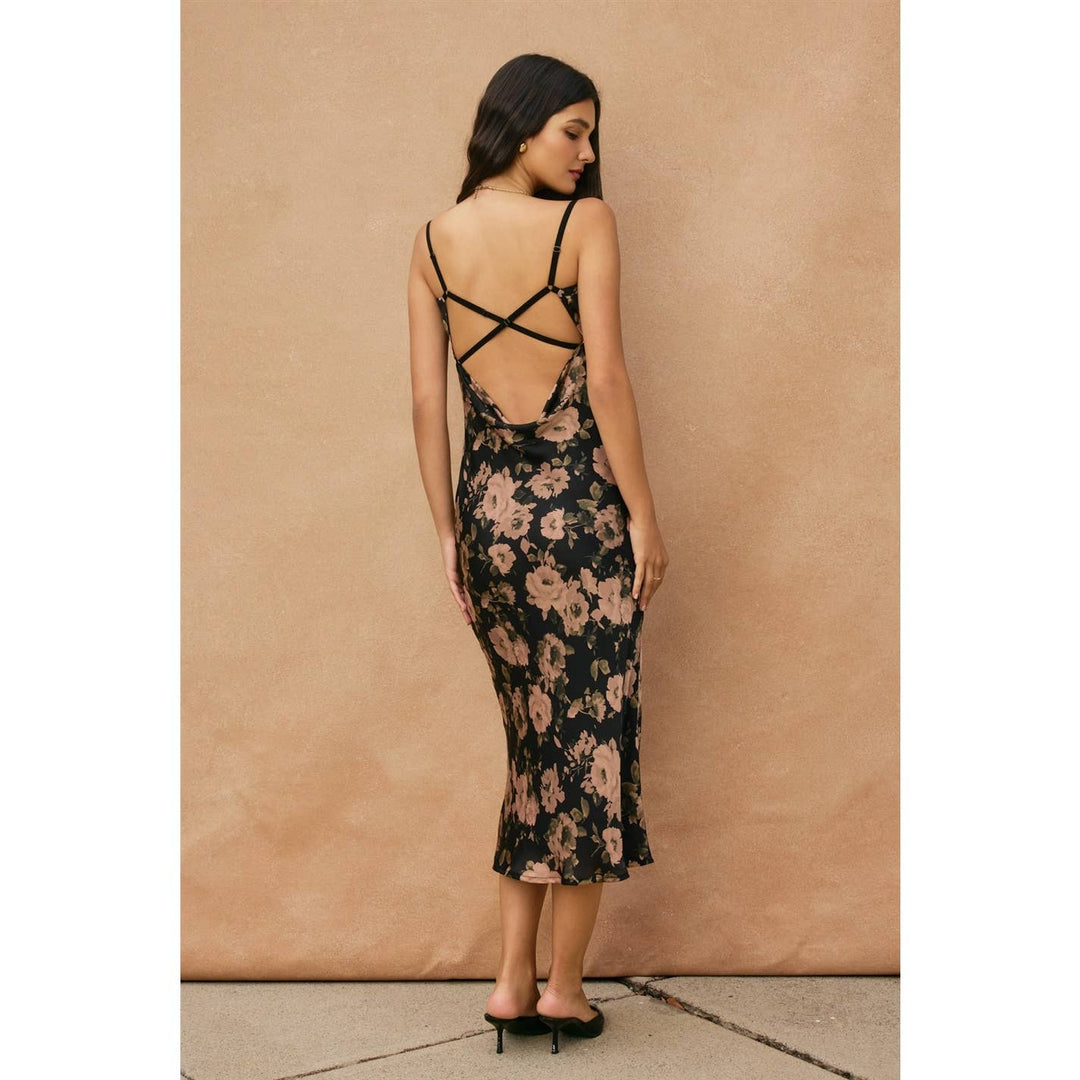 Floral Cowl Neck X Back Midi Dress