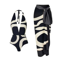 Geometric Halter One Piece Swimwear with Wrap Cover
