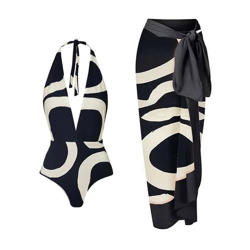 Geometric Halter One Piece Swimwear with Wrap Cover