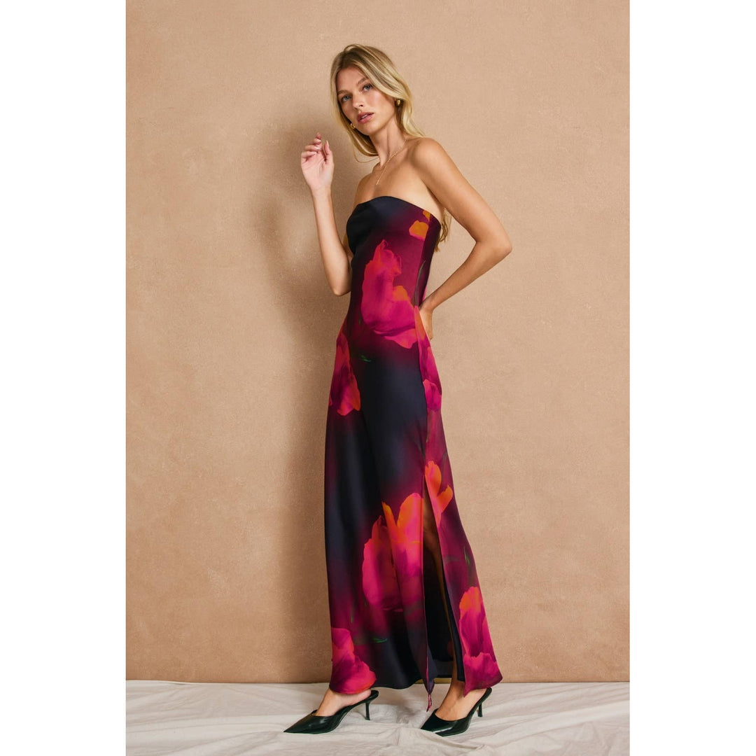 Floral Strapless Bias Cut Maxi Dress: PLUM ROSE / S-M-L(2-2-2)