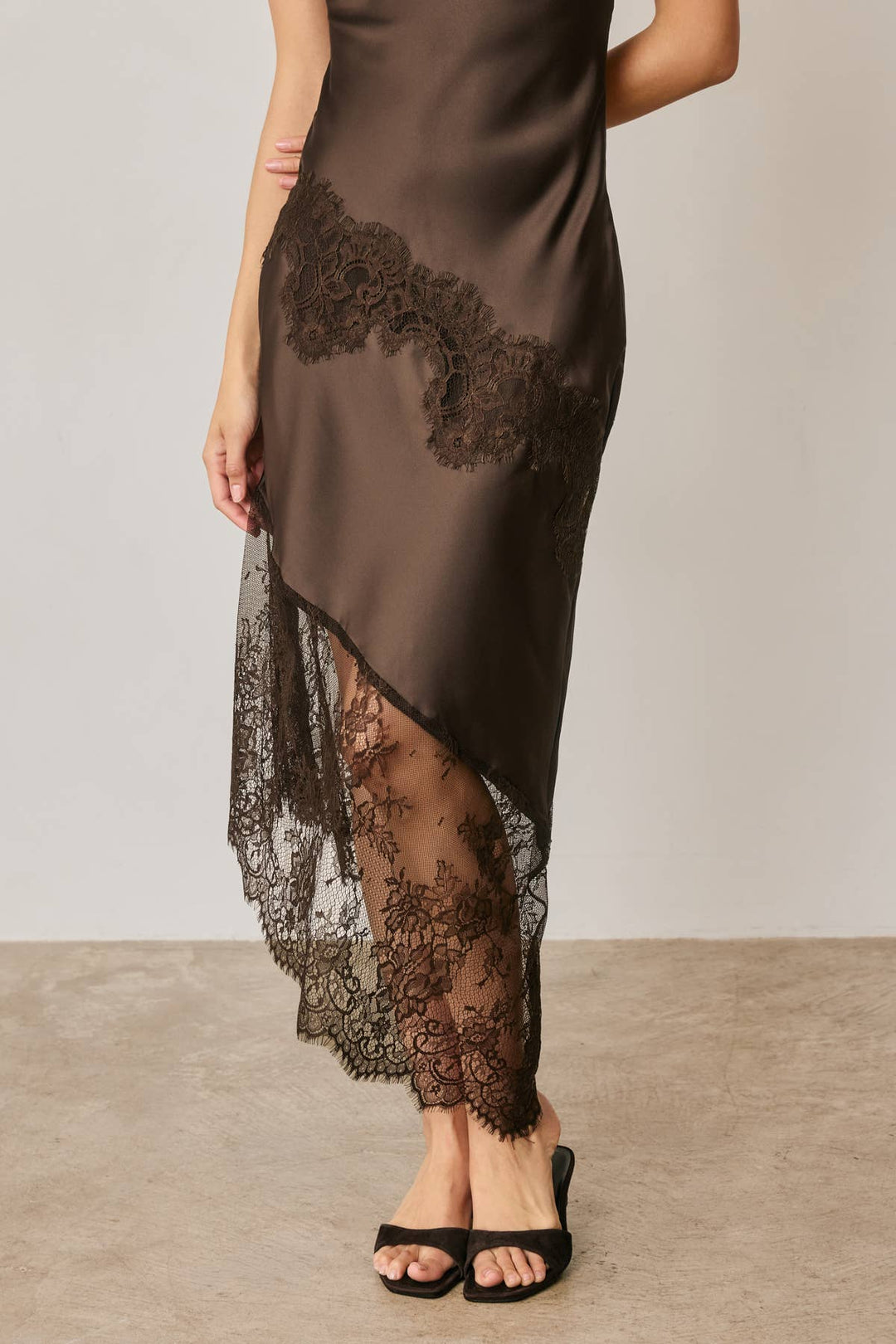 Ethereal Lace Bias Cut Midi Slip Dress