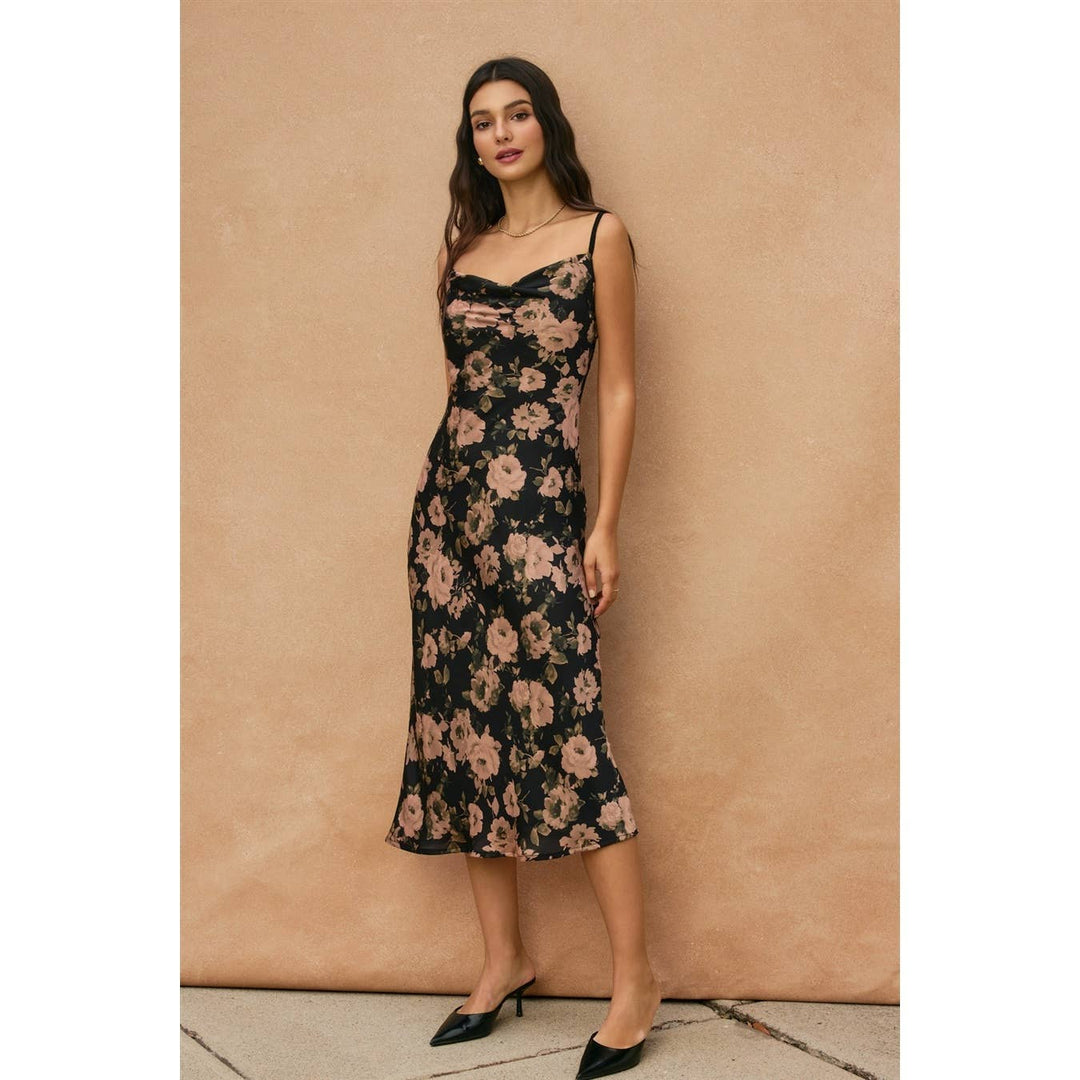 Floral Cowl Neck X Back Midi Dress