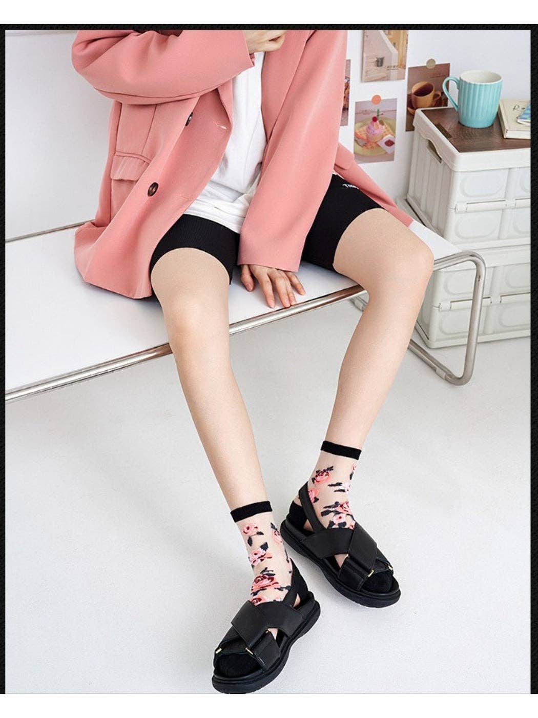 Butterfly &amp; Rose Sheer Crew Socks