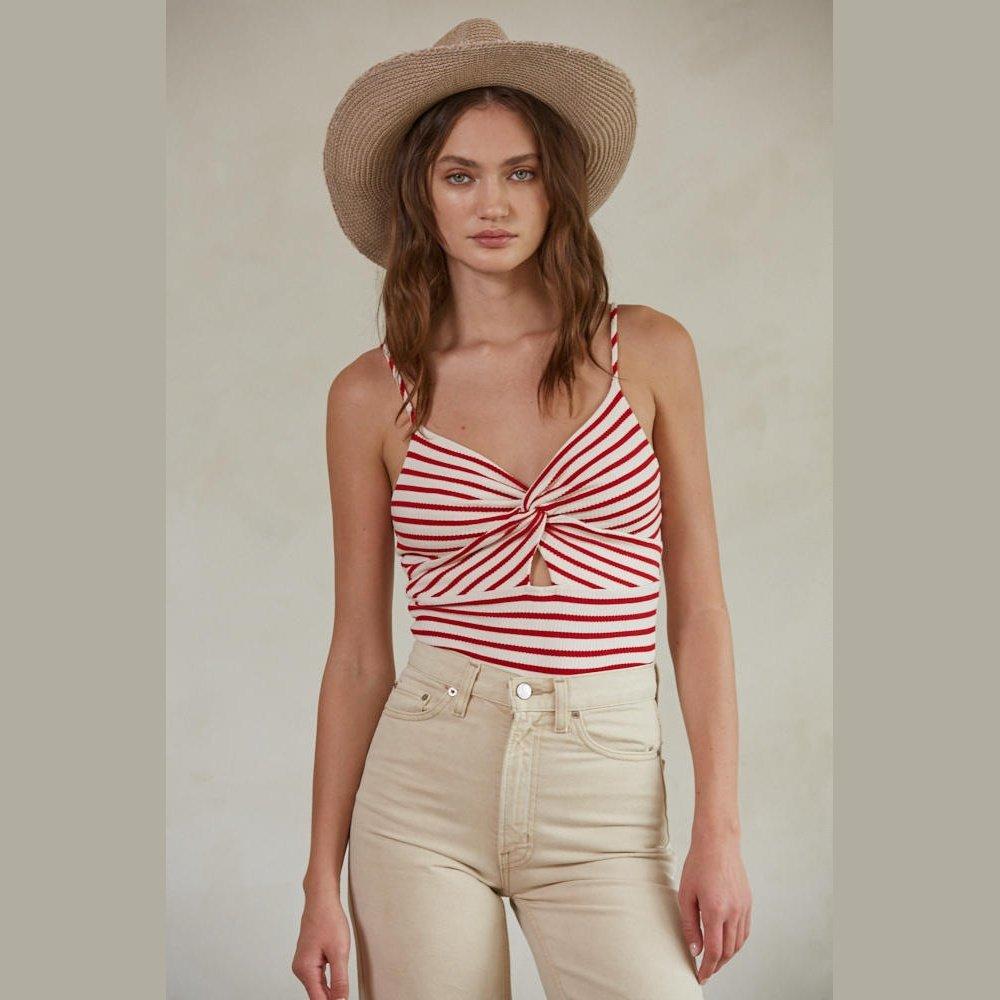 Knit Cotton Rayon Spandex Ribbed Striped Front Chest Twisted Cami Shoulder Strapped Bodysuit