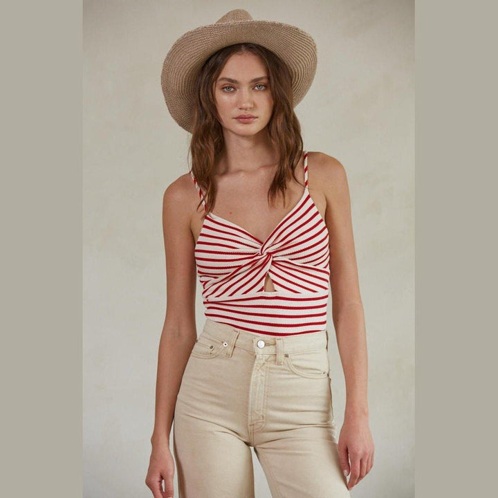 Knit Cotton Rayon Spandex Ribbed Striped Front Chest Twisted Cami Shoulder Strapped Bodysuit